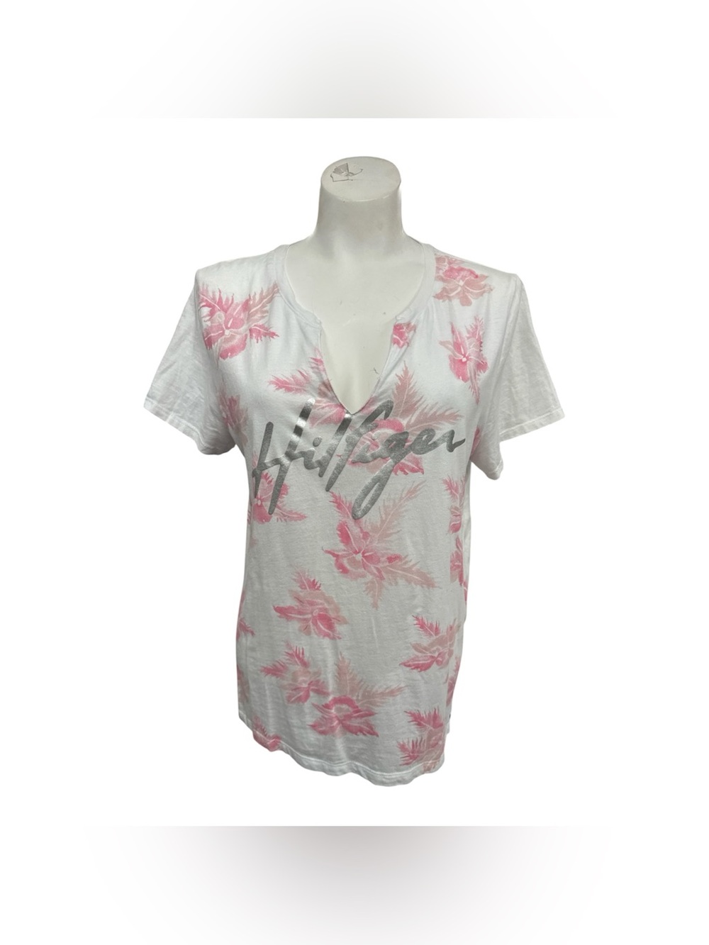 Tommy Hilfiger White V-Neck Tee with Pink Floral Print and Silver Logo Size L